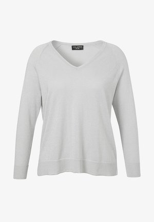 Light gray V-neck sweater made of soft, shiny fabric. Features long sleeves and a relaxed fit with ribbed cuffs and hem.