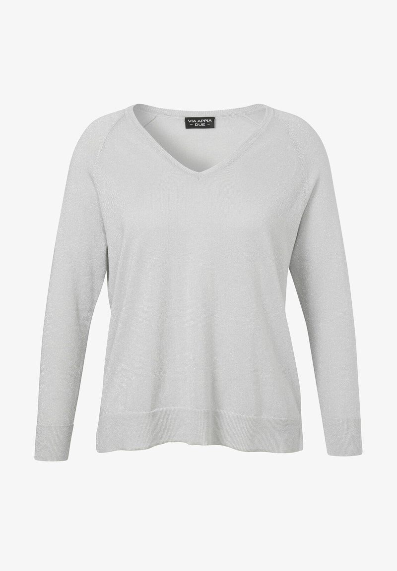 Pull à col V gris clair en tissu doux et brillant. Il présente des manches longues et une coupe décontractée avec des poignets et un ourlet côtelés.