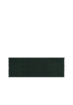 Écharpe rectangulaire vert foncé avec des motifs floraux subtils et des bords frangés sur fond blanc.