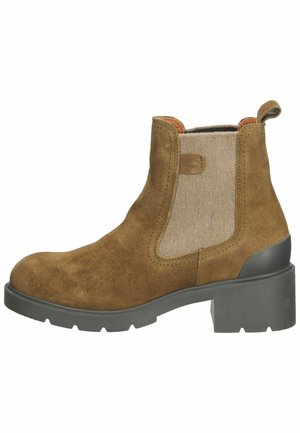 Brown suede ankle boot featuring a beige fabric panel, elastic side, and sturdy rubber sole with a block heel for added height.