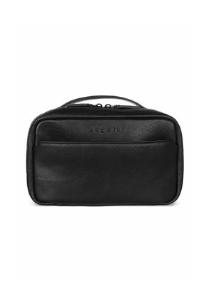 Trousse de toilette rectangulaire zippée en cuir noir avec poche avant et poignée, logo Bugatti embossé sur le devant.