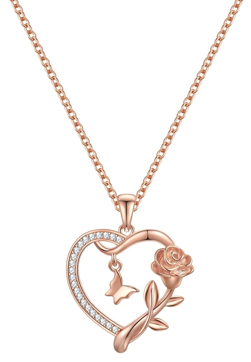 Rose-guld hjertevedhængs halskæde med en hævet rose, sommerfugl charm og funklende klare sten langs hjertets kant, med en kæde.