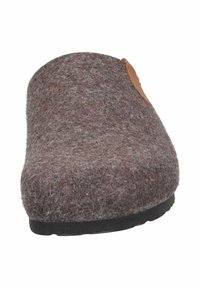 Brown felt clog featuring a rounded design, textured surface, and a contrasting brown leather accent near the opening. Black rubber sole.