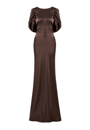 Brown satin evening gown with a fitted silhouette, featuring puffed sleeves and a boat neckline, smooth texture, and a floor-length design.