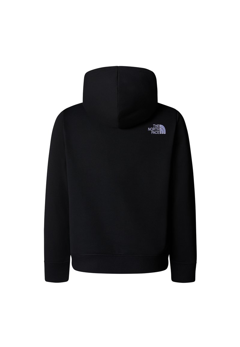 Felpa nera con cappuccio, dotata di polsini e fondo a coste. Presenta il logo "The North Face" in bianco sulla parte superiore della schiena. Tessuto morbido. Design casual.