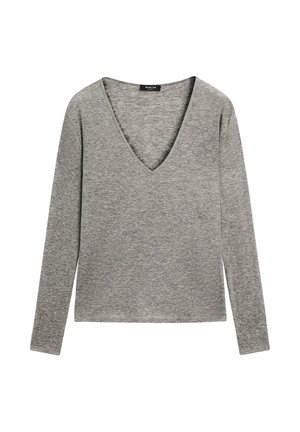 Maglione grigio a maniche lunghe con scollo a V, tessuto leggermente strutturato e vestibilità casual.