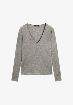 Maglione grigio a maniche lunghe con scollo a V, tessuto leggermente strutturato e vestibilità casual.