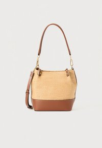 Tkan rožnato rjav slamnati ročni vrečki z rjavim umetnim usnjenim dnom in obrobami. Ima en okrogel ročaj in zlato tonirane kovinske poudarke.