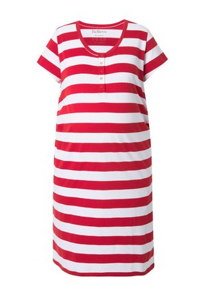 Vestido casual de manga corta a rayas horizontales rojas y blancas, con cuello redondo y tapeta frontal con tres botones.