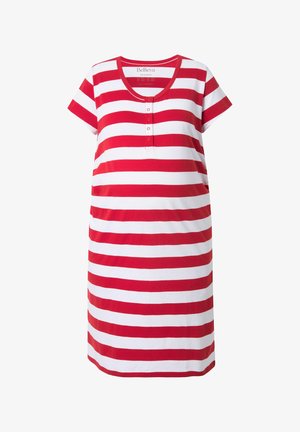 Vestido casual de manga corta a rayas horizontales rojas y blancas, con cuello redondo y tapeta frontal con tres botones.