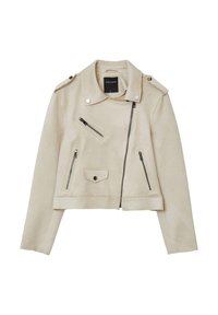 Beige Kunstwildleder-Bikerjacke mit einem verkürzten Design, Reißverschlusstaschen, Schulterepauletten und einem asymmetrischen Reißverschluss vorne.