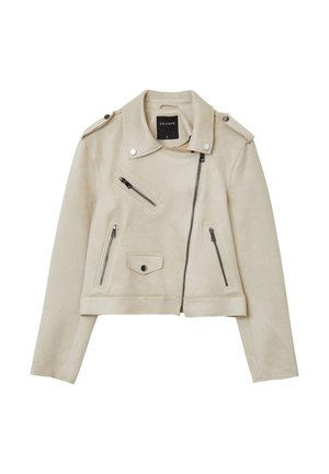 Beige Kunstwildleder-Bikerjacke mit einem verkürzten Design, Reißverschlusstaschen, Schulterepauletten und einem asymmetrischen Reißverschluss vorne.