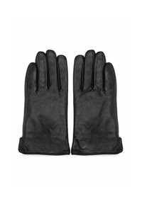 Czarne skórzane rękawiczki o gładkiej fakturze, z klasycznym pięciopalczastym wzorem, bez widocznych elementów metalowych ani ozdób.