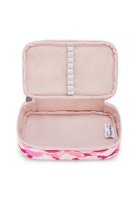Custodia con zip dal motivo floreale rosa, esterno in tessuto, morbida fodera interna, anelli elastici per l'organizzazione e etichetta Kipling all'interno.