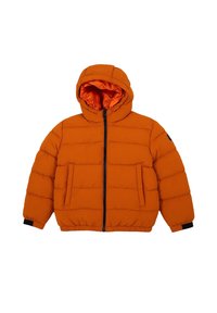 Giacca a vento arancione con cappuccio, caratterizzata da un motivo trapuntato, due tasche frontali e polsini elastici. Fodera interna di un arancione a contrasto.