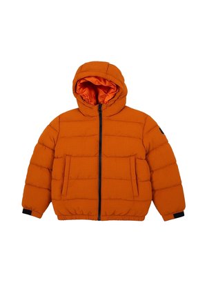 Giacca a vento arancione con cappuccio, caratterizzata da un motivo trapuntato, due tasche frontali e polsini elastici. Fodera interna di un arancione a contrasto.