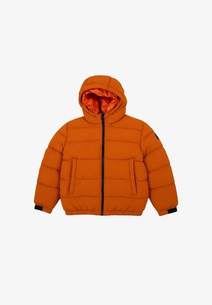 Pomarańczowa kurtka puchowa z kapturem, z haftowanym wzorem, dwoma przednimi kieszeniami i elastycznymi mankietami. Wnętrze wyłożone w kontrastującym pomarańczowym kolorze.