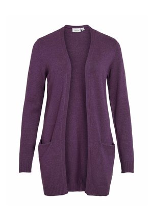 Paarse cardigan van zacht breimateriaal, met een open voorkant, lange mouwen en twee voorzakken. Naadloze textuur en casual ontwerp.
