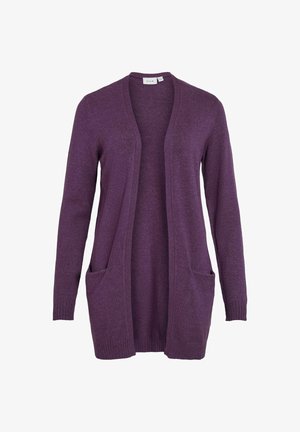 Fialový sveter vyrobený zo soft materiálu, ktorý sa stretáva s otvoreným predným dielom, dlhými rukávmi a dvoma prednými vreckami. Bezšvová textúra a neformálny dizajn.