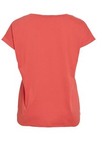 Koralfarvet T-shirt med korte ærmer, rund halsudskæring, glat tekstur og afslappet pasform. Bagsiden viser ingen mønstre eller dekorationer.