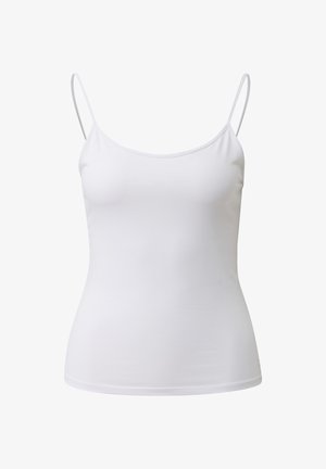 Weißes, figurbetontes Top mit dünnen Spaghettiträgern und rundem Ausschnitt.