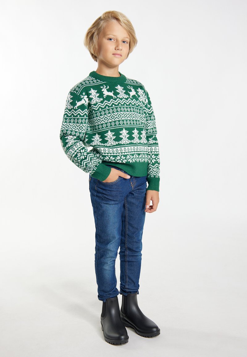 Žalias megztinis su baltais elnių ir snaigėms raštais, derinamas su mėlynomis džinsomis ir juodais auliniais batais.