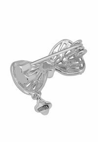 Silver butterfly brooch featuring intricate openwork design, a pin clasp, and a small charm with the inscription "Katelita."