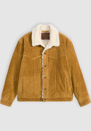 Lichtbruine suède jas met witte sherpa voering en kraag, knoopsluiting aan de voorkant, twee zijzakken en een gestikt decoratief patroon op de borst.