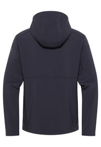 Sweatshirt bleu marine avec une texture douce, capuche ajustable et manches longues. Présente des coutures minimales et un logo subtil sur l'épaule gauche.