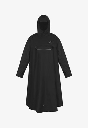 Schwarzer wasserdichter Regenponcho mit Kapuze, langen Ärmeln und einer Fronttasche; mit einem Berg-Logo und reflektierendem Saum entlang der Tasche.