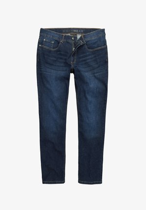 Tmavě modré pánské džíny rovného střihu s pěti kapsami, zapínáním na knoflíky a viditelným prošíváním, položeny naplocho s částečně otevřeným zipem.