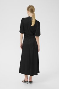 Black midi dress with short, puffed sleeves, a fitted waist, and flowing skirt. Smooth texture, minimal design, and no visible patterns.