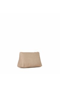 Beige stofpose med en struktureret design, glat tekstur, lynlås-lukning og flad bund for stabilitet. Minimalistisk og alsidig form.