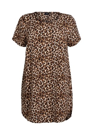 Leopardenmuster-Tunika mit kurzen Ärmeln, entspannter Passform, weichem Stoff und Rundhalsausschnitt in Beige-, Braun- und Schwarztönen.