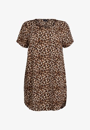 Tunika z krótkim rękawem w panterkę, o luźnym kroju, z miękkiego materiału, okrągłym dekoltem, w odcieniach beżu, brązu i czerni.
