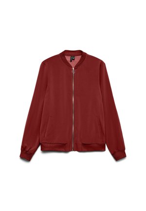 Giubbotto bomber bordeaux con zip frontale, colletto, polsini e orlo a costine, dotato di due tasche laterali e di un cursore circolare della zip.