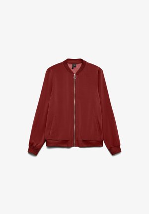 Burgundská bomber bunda s předním zipem, žebrovaným límcem, manžetami a spodním lemem, obsahující dvě boční kapsy a kulatý zipový táhlo.
