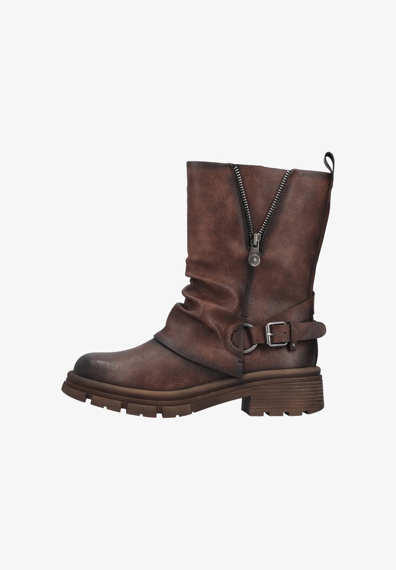 Brown faux leather boot with slouchy design, side zip closure, buckle accent, chunky heel, and textured surface.