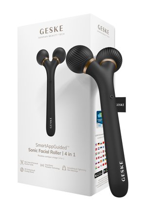 Rouleau facial sonique noir 4-en-1 avec têtes de massage texturées doubles à côté d’un emballage blanc montrant la marque et les caractéristiques du produit.