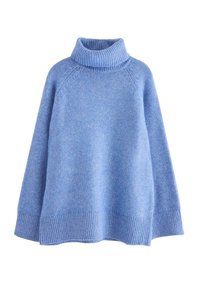 Lyseblå strikket højhalset sweater med lange ærmer samt ribbede manchetter, kant og krave, vist på en hvid baggrund.