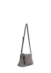 Gray suede handbag with adjustable strap and two zippered pockets; rectangular shape; smooth texture; minimalistic design.