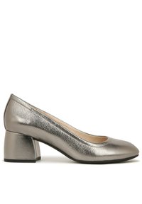 Metalen leren blockhak pump met een ronde neus. Heeft een gestructureerd oppervlak en een glanzende afwerking. Zwarte buitenzool, neutrale binnenvoering.