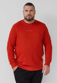 Punane pusle pikkade varrukatega ja ümara kaelaauguga. Rinnal on diskreetne logo. Pehme kangas sileda tekstuuriga.