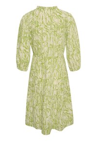 Grünes gemustertes Kleid mit hohen Ausschnitt, dreiviertelärmel, elastischem Taillenbund und gestuftem Rockdesign. Hergestellt aus leichtem Stoff.