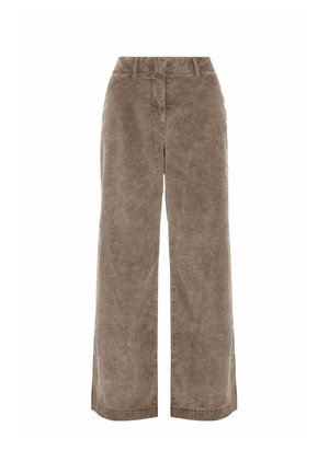 Pantaloni di velluto a coste marroni a gamba larga con passanti per cintura, bottone frontale e chiusura con zip, esposti su sfondo bianco.