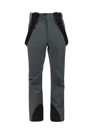 Pantalones impermeables grises con tirantes negros ajustables, dos bolsillos frontales, parches de rodilla reforzados y secciones inferiores de pierna en negro contrastante.