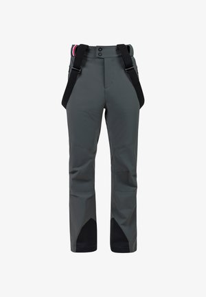 Grau wasserdichte Hose mit verstellbaren schwarzen Trägern, zwei Vordertaschen, verstärkten Kniepartien und kontrastierenden schwarzen Abschnitten an den Unterschenkeln.