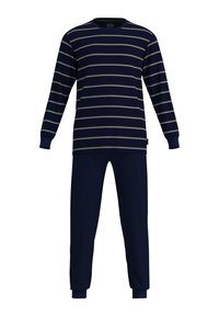 Navy blue long-sleeve top with cream horizontal stripes, paired with solid navy pants. Both are made of soft, comfortable fabric.
