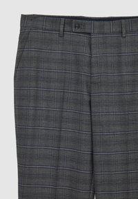 Grau karierte Hose aus einem leichten Stoff, mit einem klassischen Karomuster und dunkelblauen Akzenten, Fronttaschen und einem Knopfverschluss.