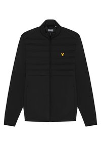 Giacca nera con zip, caratterizzata da pannelli trapuntati, colletto rialzato e logo giallo ricamato sul petto. Texture del tessuto liscia.